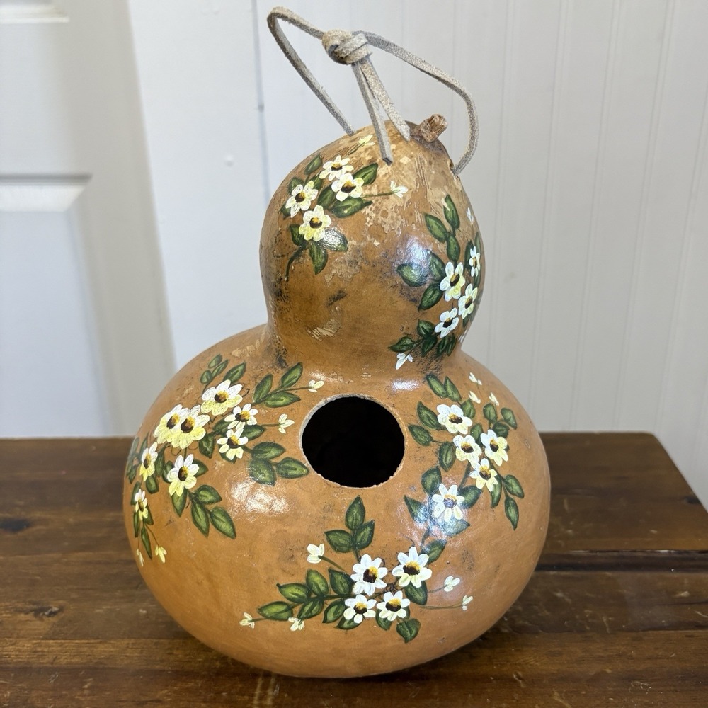 Vintage Hand Painted Gourd Bird House Hanging Floral Folk Art Garden Party